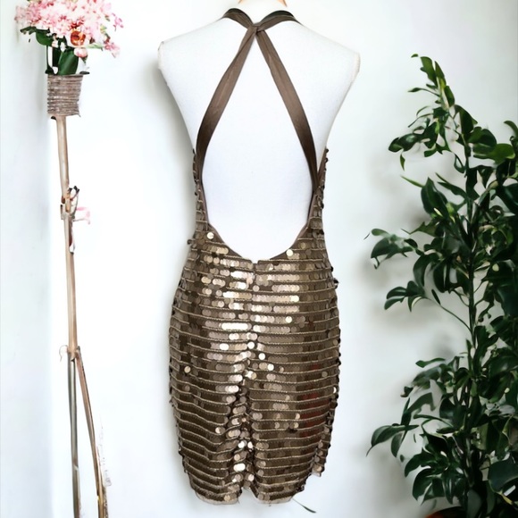 BCBG Maxazria IMAN SEQUIN BRONZE COIN CRISS CROSS PAILLETTE COIN MINI DRESS - Picture 5 of 13